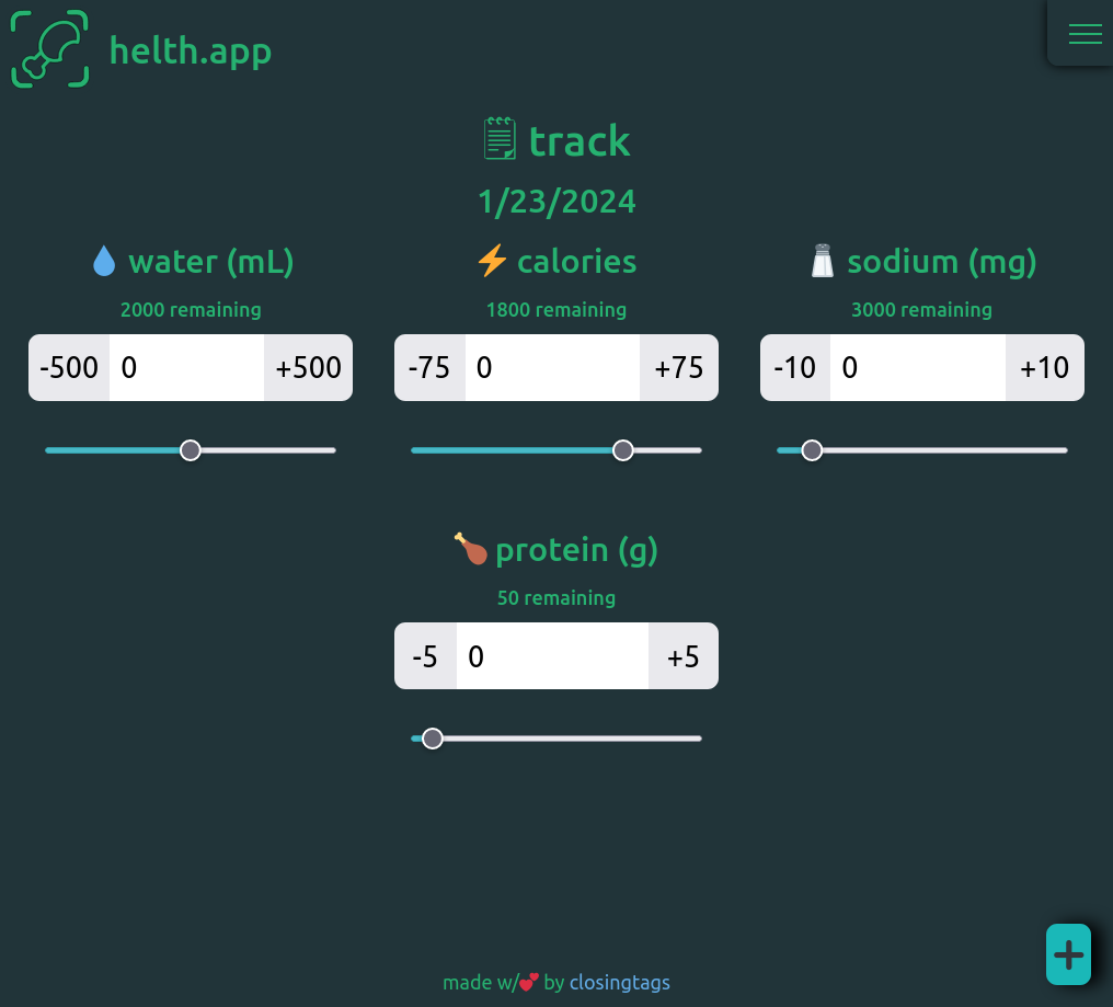 An application with a dark green background and various text boxes allows users to enter their nutritional information. In the top right corner is a menu, in the bottom right a '+' character, and in the top left is the logo which appears to be a chicken leg with a bite taken out of it and placed in a barcode scanning viewport. 