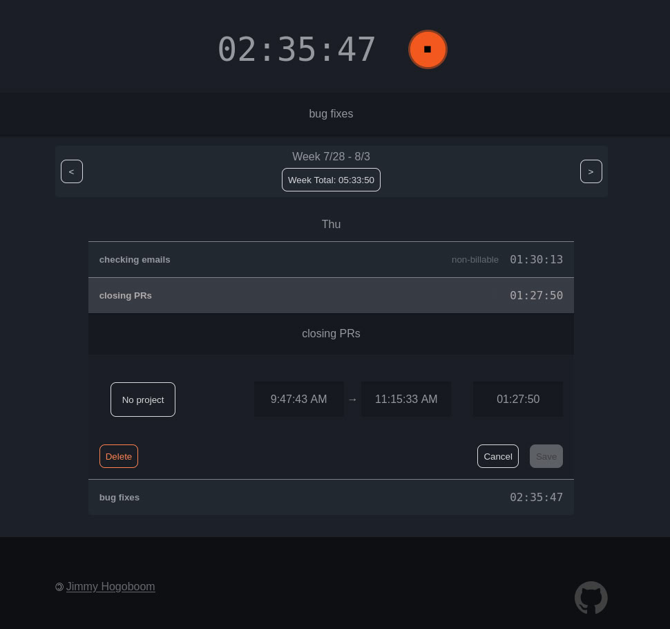 An application with a dark background is shown with a timer  reading 02:35:47 and a bright red stop button next to it. Below are various time entries outlining the work done, the time taken, the project associated with the task, and the billing amount.